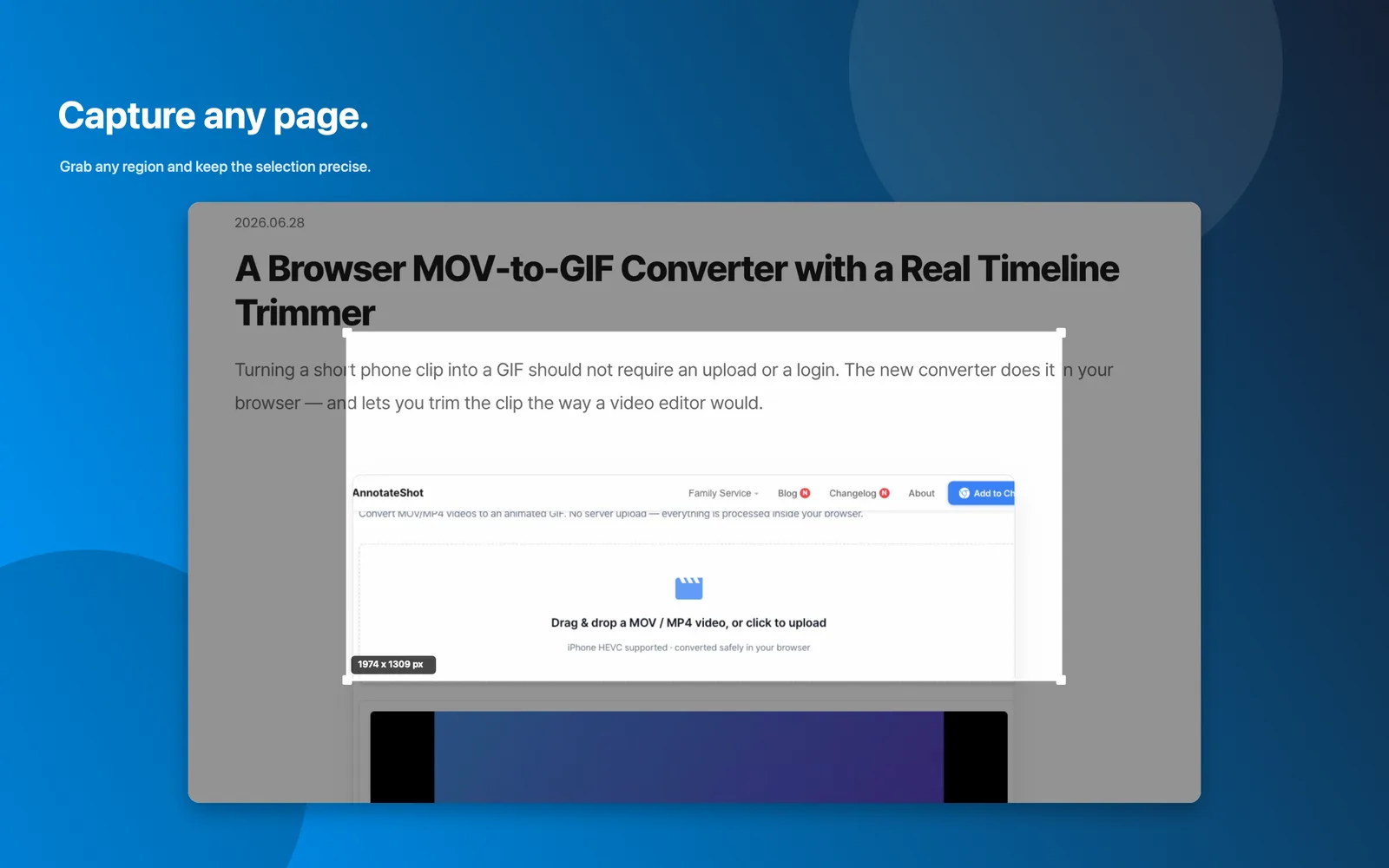 Annotateshot capture overlay selecting a precise region on a sample page