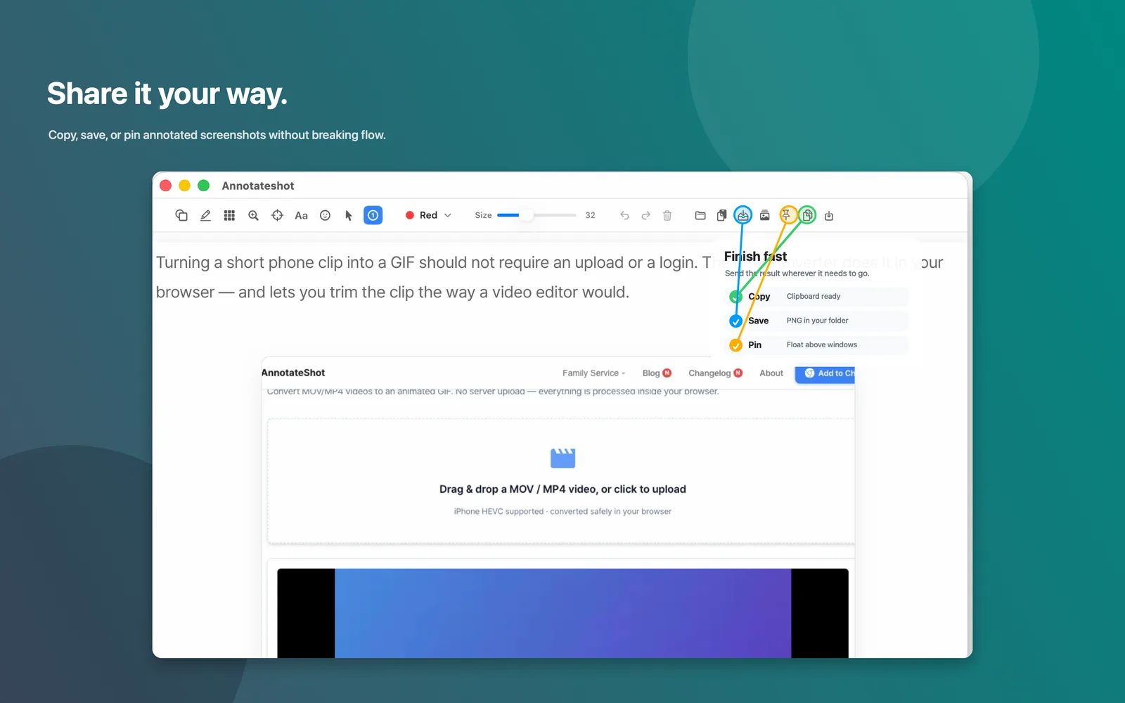Annotateshot toolbar showing copy, save, and pin handoff options