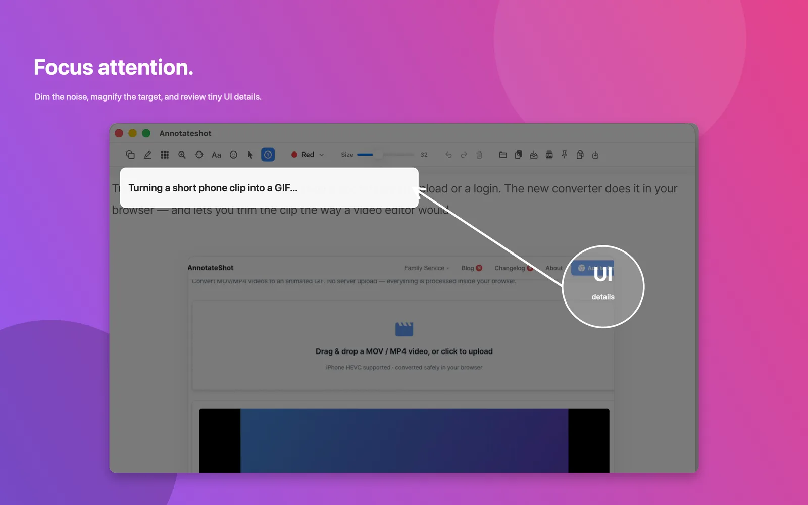 Annotateshot spotlight and magnifier callout focusing attention on a tiny UI detail
