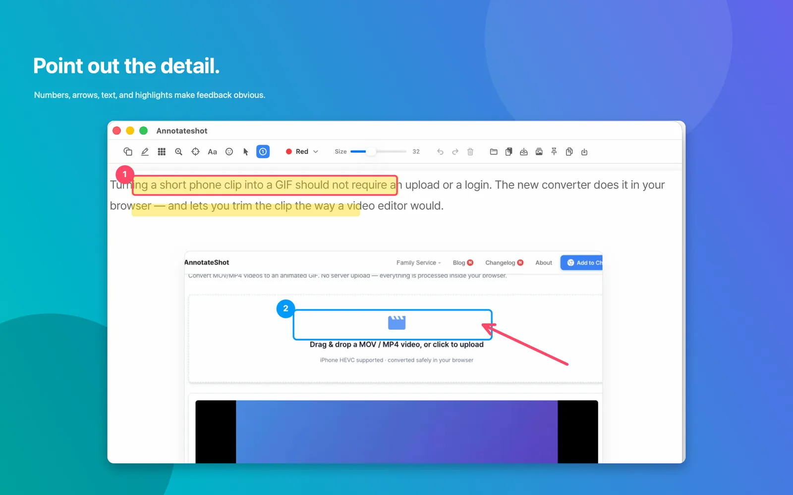 Annotateshot for Mac editor showing numbered callouts, highlights, and an arrow annotation