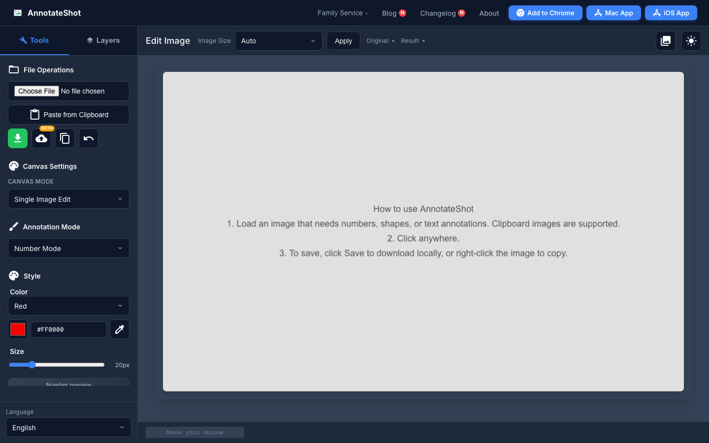AnnotateShot editor showing concise English sidebar controls and Korean language settings