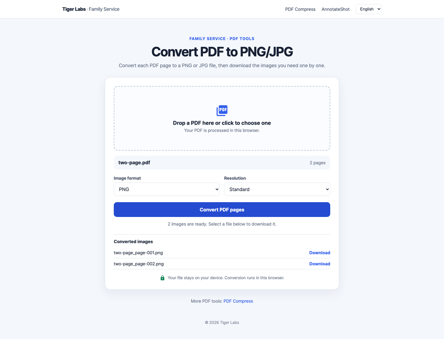 PDF converter showing separate PNG download links for each page of a two-page document